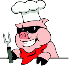 Pig in chef's hat waiting for his pork snd chicken and beef to be done